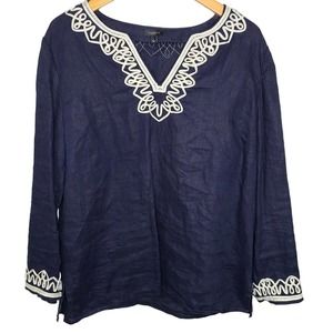 Talbots Women's SZ L 100% Linen Blouse/Top Navy-Blue Embellished Neckline & Cuff